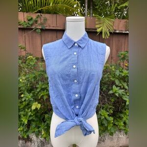 INTERMIX Tara Sleeveless Tie-Front Light Wash Blue Stretch Denim Shirt Size XS/P